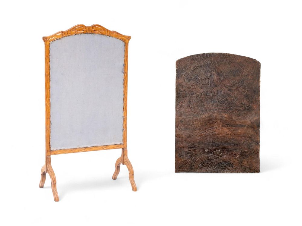 Lot 397: Early 20th-Century Art Nouveau Leather and Carved Wood Firescreen