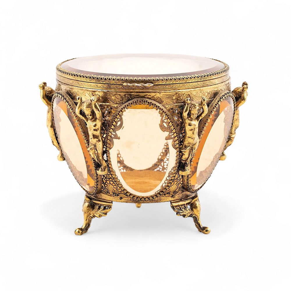 Lot 399: French Ormolu and Beveled Rose Glass Jewelry Casket with Cherub Mounts