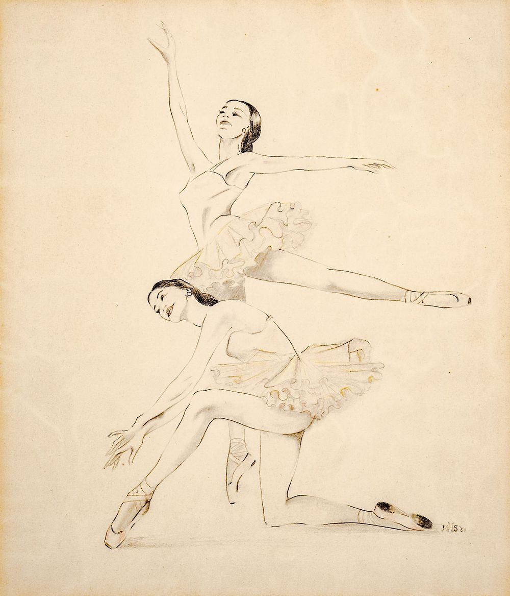 Lot 404: Mystery Artist: MHS Signed Graphite Drawing of Two Ballet Dancers, 1951