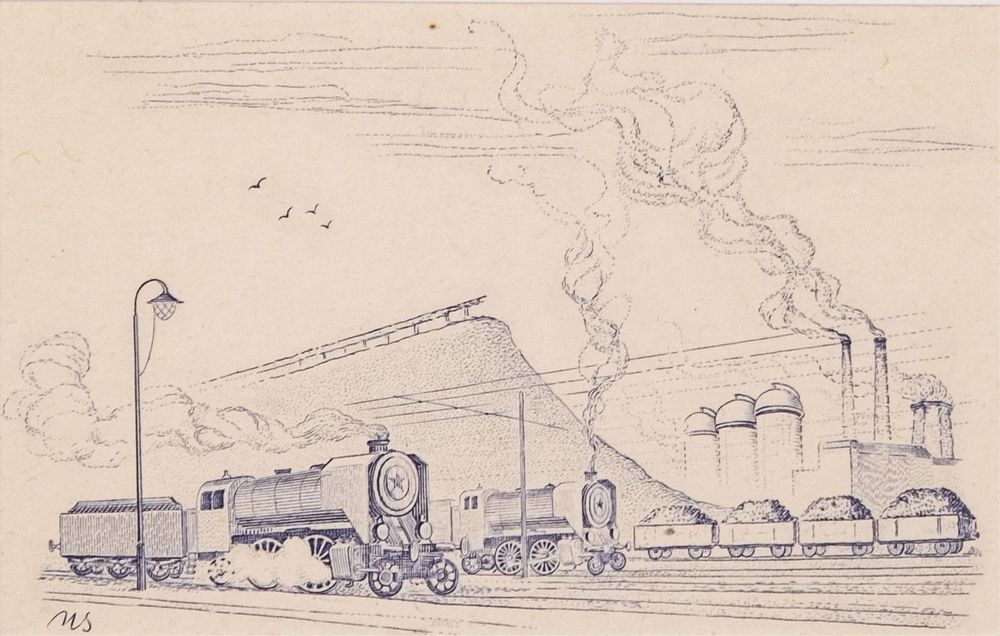 Lot 405: Mátio Stretti Signed Industrial Scene Ink Engraving