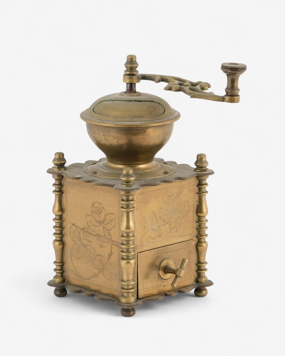 Lot 406: Turn-of-the-Century Brass Coffee Grinder with Engraved Floral Decoration