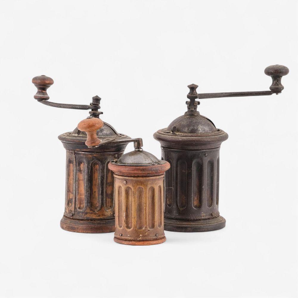 Lot 407: Set of Three French Peugeot Frères and G.G.M. Cast Iron and Wood Coffee Grinders