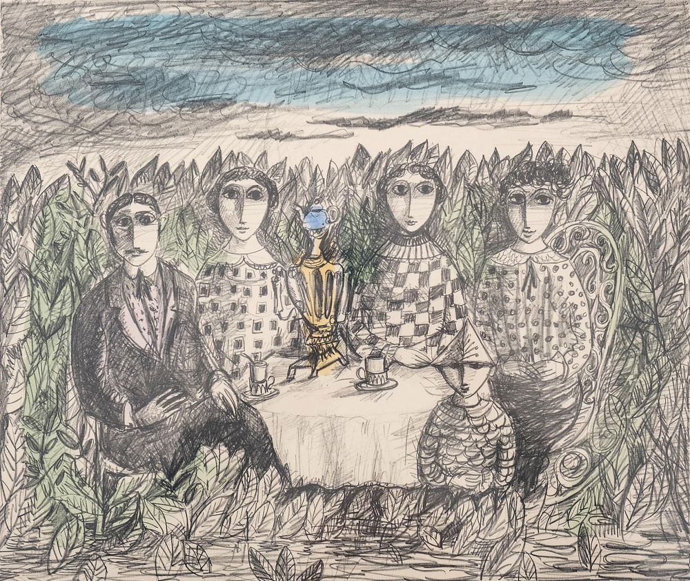 Lot 408: Yosl Bergner, The Tea Drinkers, Artist’s Proof Hand Colored Lithograph, 1966, Signed