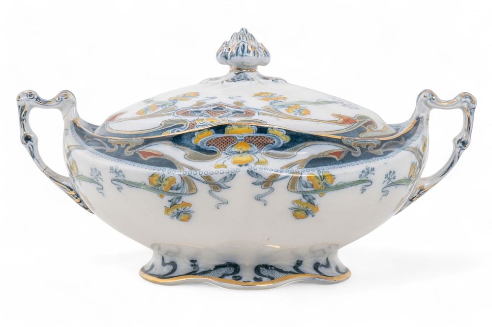 Lot 414: Vintage Staffordshire Burslem “Iris" Porcelain Lidded Bowl, Signed
