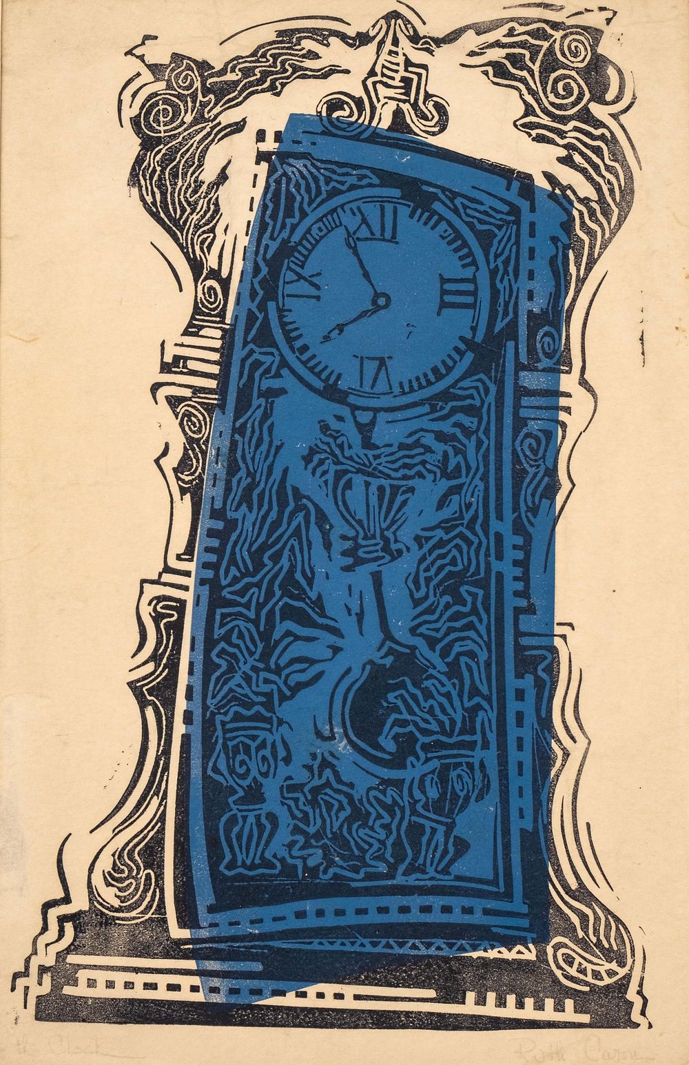 Lot 431: Mystery Artist "Ruth Caron", Abstract Linocut Print “#Clock", Signed