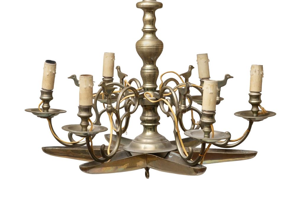 Lot 443: Six Light Brass Chandelier in 18th century form with candle wax drip collectors
