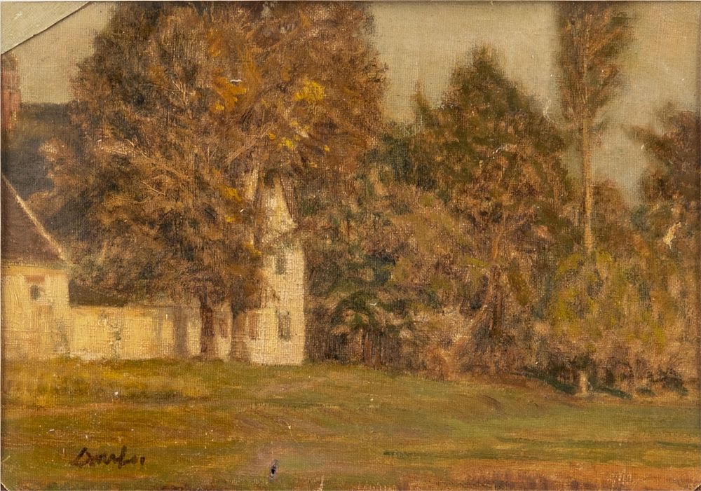 Lot 463: Mystery Artist: Barbizon School, View of a House, 19th Century Signed Canvas on Cardboard Painting