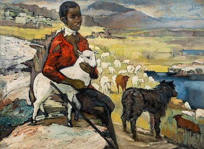 Oil Painting of Shepherd with Flock and Dog, Circa 1935. Keywords: North African art, pastoral 