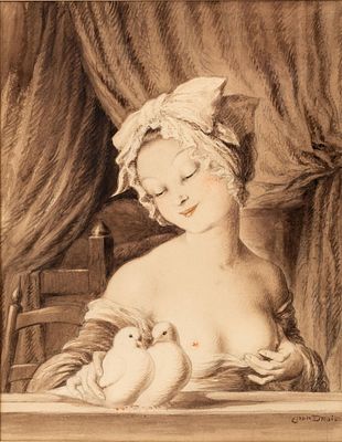 Jean Droit French 20th C. Signed Watercolor Painting, Les Colombes. Keywords: lovebirds, doves 