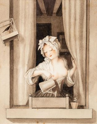 Jean Droit French 20th C. Signed Watercolor Painting. Keywords: mixed media, genre window scene 