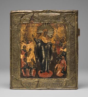 Russian Icon, Mother of God, Oil on Wood Painting in a Gilt Copper with Embossed Scrollwork, 19th. 