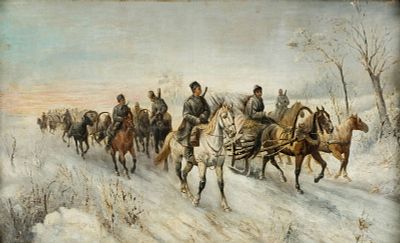 V. Wilkow, Russian Horse-Drawn Sleigh Military Caravan, Oil on Canvas Painting, 19th Century. Key 