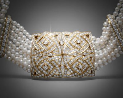 18K Gold Estate Necklace with Fine Matched Pearls and 7.4+/- Carats of Diamonds. Keywords: Art 