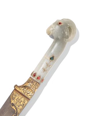 Mughal Jade Dagger with Cabochons and Damascene Blade with Fancy Gold Work. Keywords: Mughal 