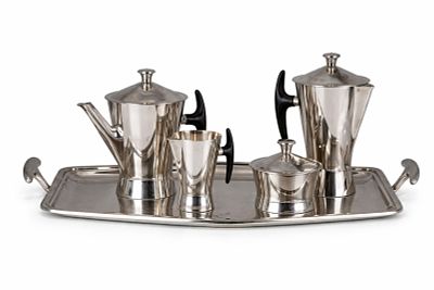 Art Deco Modernist Silver-Plated Tea and Coffee Service with tray. Keywords: Art Deco 