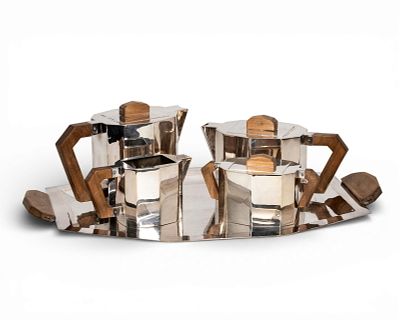 Art Deco Italian Silver-Plated and Wood Coffee & Tea Service, Circa 1930. Keywords: Art Deco 