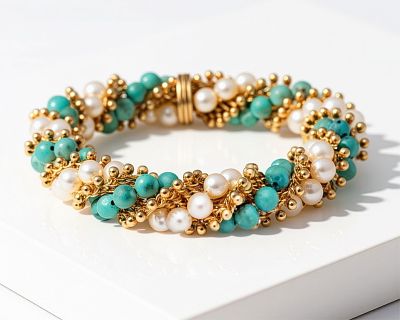 Van Cleef & Arpels signed "Twist" Bracelet in18K Gold with Pearls and Turquoise. Keywords: Art 