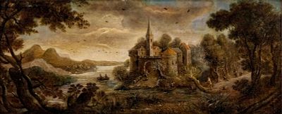 Adriaen van Stalbemt, Landscape with Castle and Moat, Oil on Canvas Painting. Keywords: Flemish 