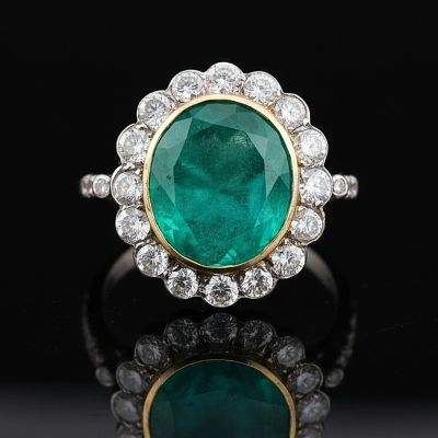 18K Two-Tone Gold, Emerald and Diamond Ring Columbian Emerald 14.50 cts. Keywords: Edwardian Era 