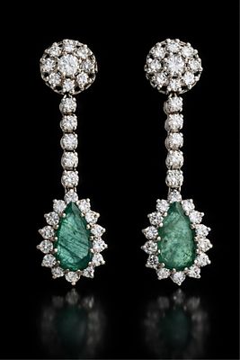 Pair of 14K White Gold Emerald and Diamond Drop Earrings, Approx. 2.50 Carats. Keywords: fashion 