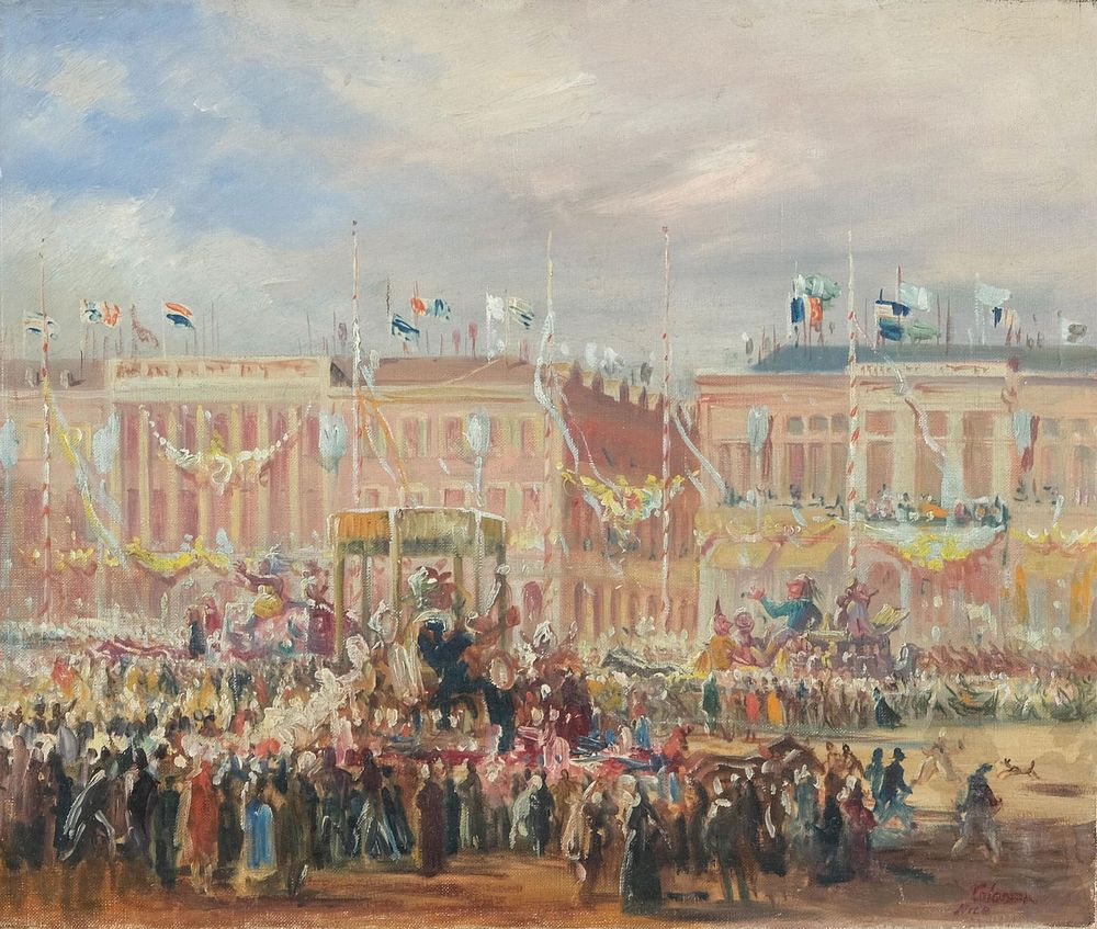 Lot 290: Coleman signed Signed French School “Opening Parade at Nice Carnival," Oil on Canvas, Early 20th
