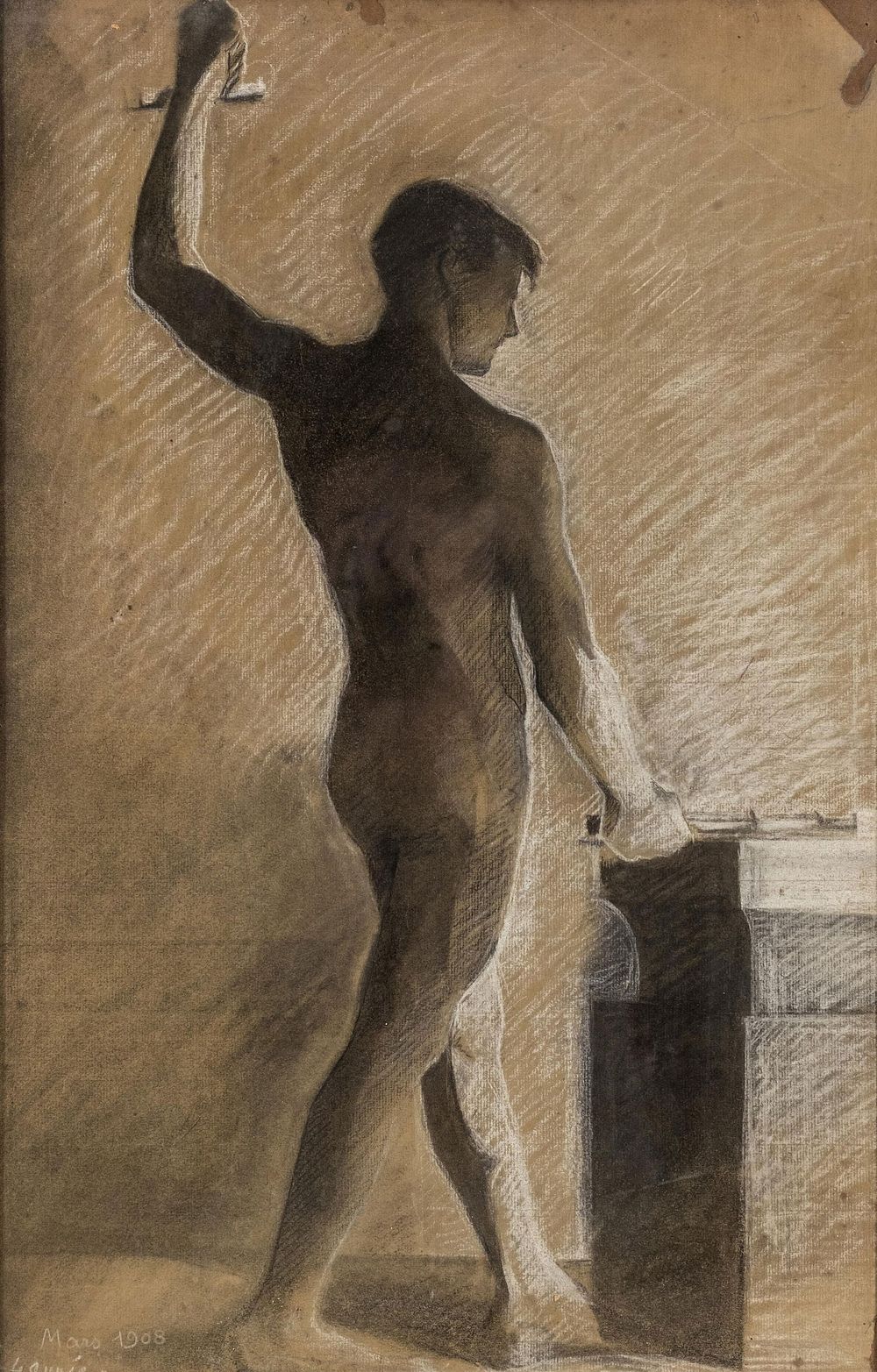 Lot 318: French School Signed, Male Nude Figure Study Painting, Signed *Mars* Dated 1908