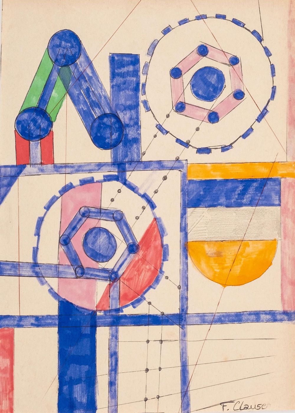 Lot 320: Franciska Clausen Futurist Abstract Painting on Paper, Signed geometric composition on paper