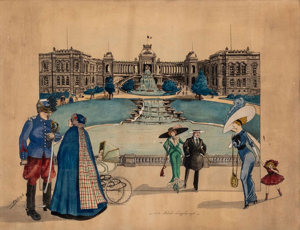 Lot 352: French Longchamp Palace Scene Watercolor Painting, Signed and Dated 1911