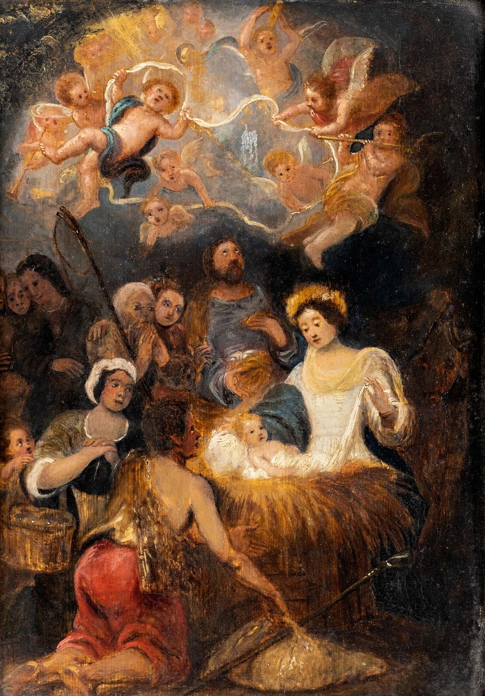 Lot 354: French School, 17th-18th C. Oil on Panel Painting, Nativity
