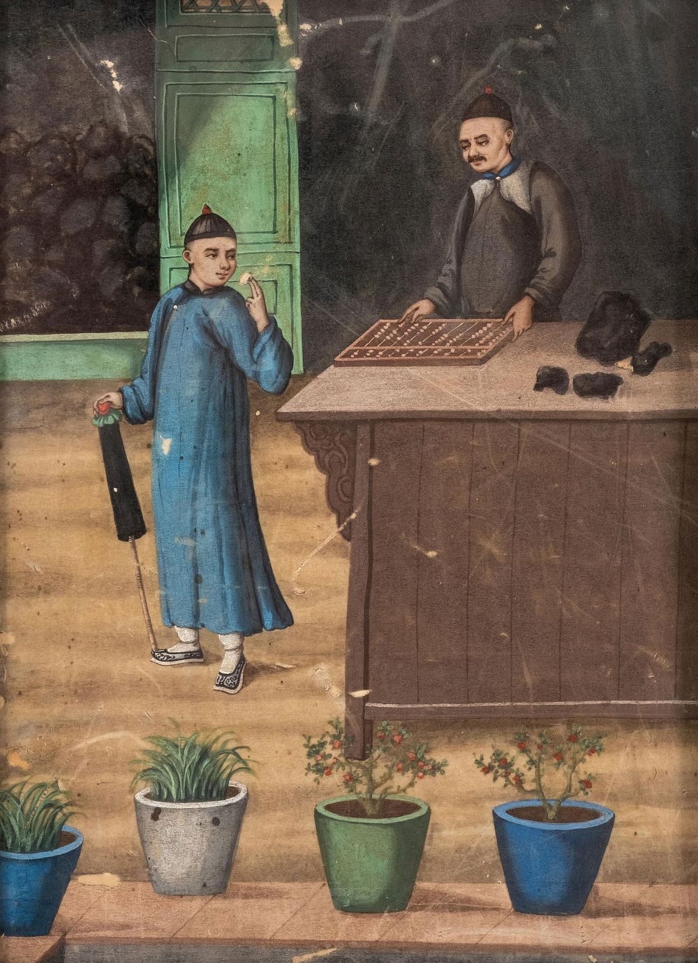 Lot 371: Chinese School Trade Export Gouache Painting, Merchant Scene, 19th Century