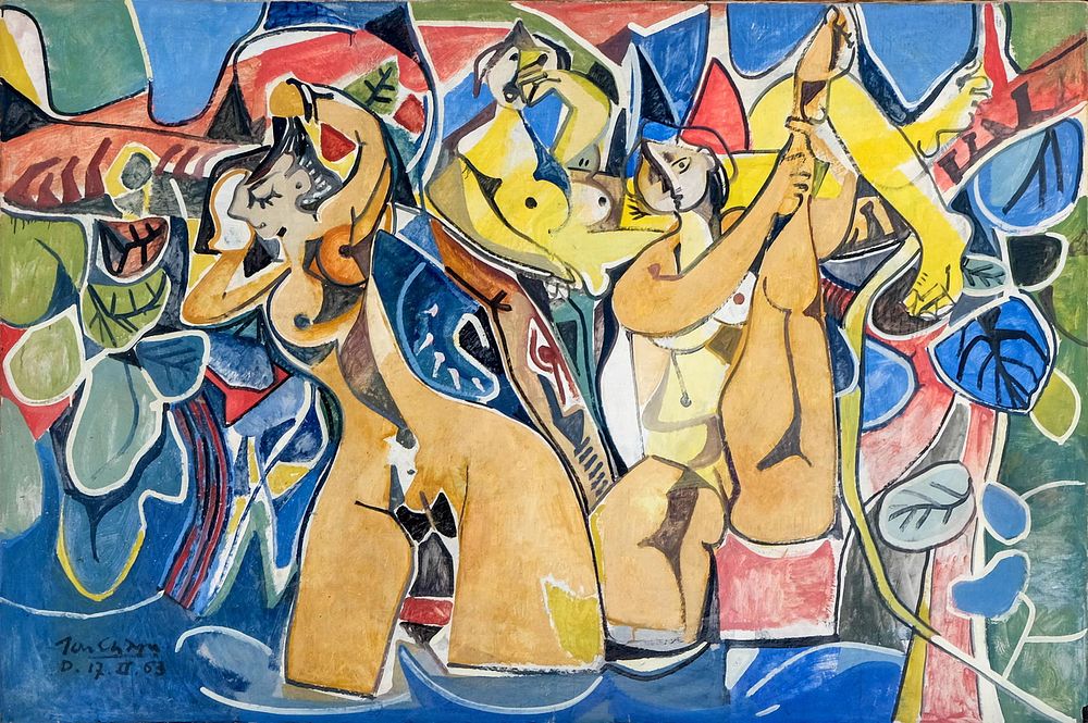Lot 462: Jean Chape, The Bathers, 1963 - Oil on Canvas Painting, Signed w/ Provenance