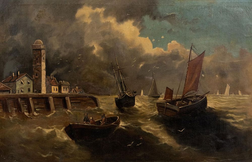 Lot 464: 19th Century European Harbor Scene Oil Painting with Fishing Vessels, Signed