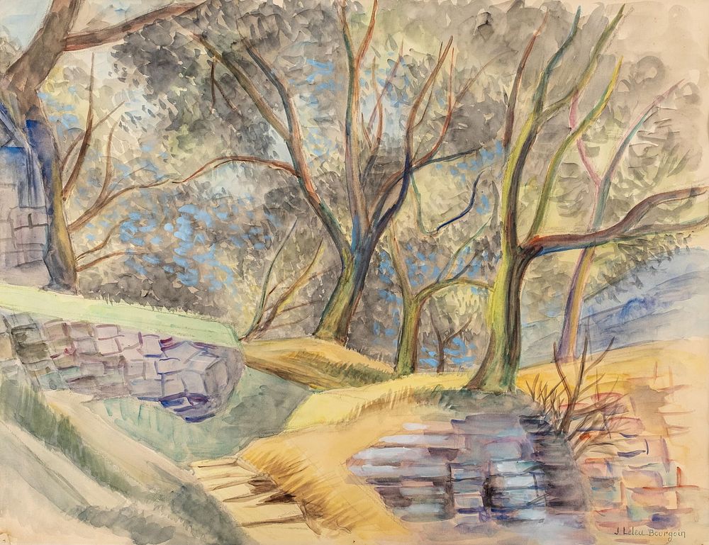 Lot 473: Jean Leleu-Bourgois French 20th Century Watercolor Painting, Trees in the Forest, Signed