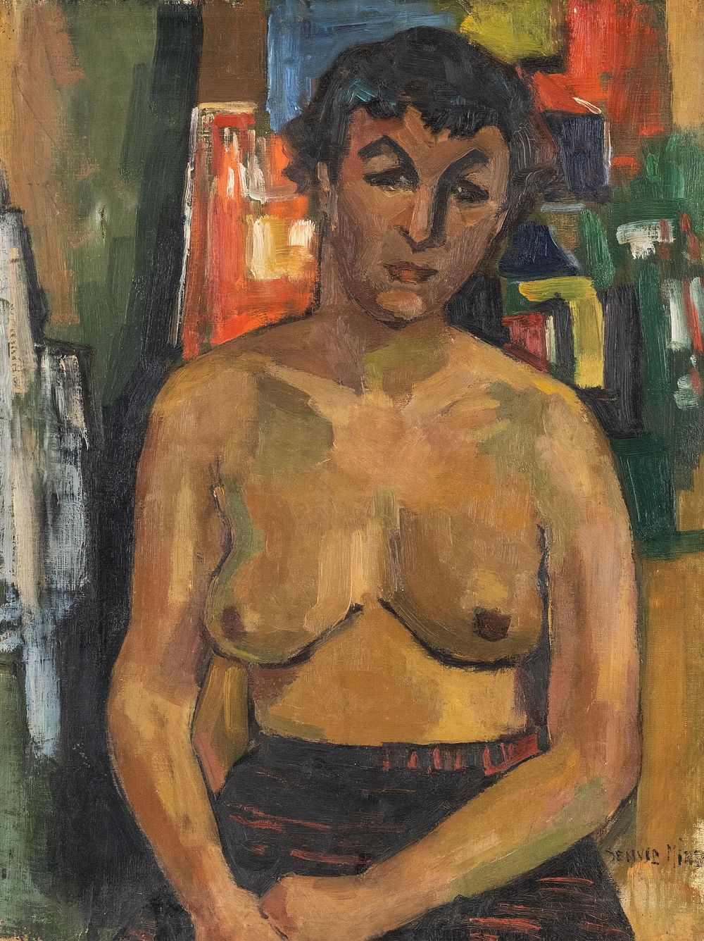 Lot 476: 20th Century Modernist Nude Portrait Oil Painting, Signed