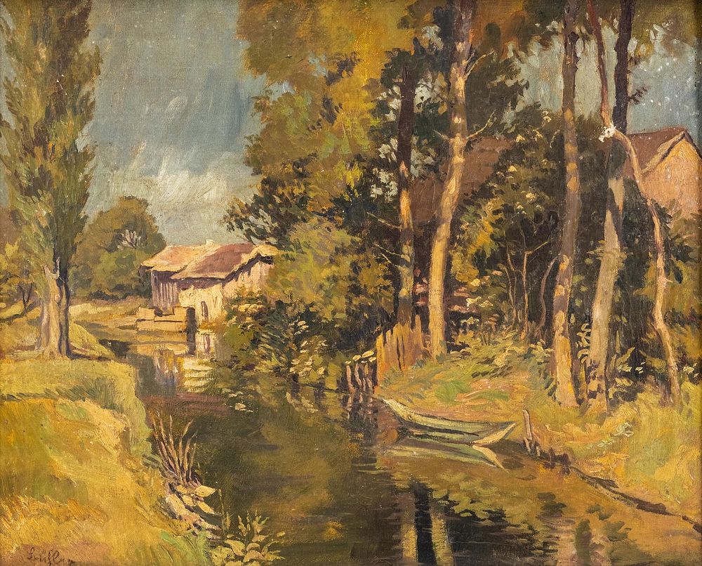 Lot 487: Heinrich Bühler German 20th Century Landscape Painting “Village at a Bachlauf", Signed