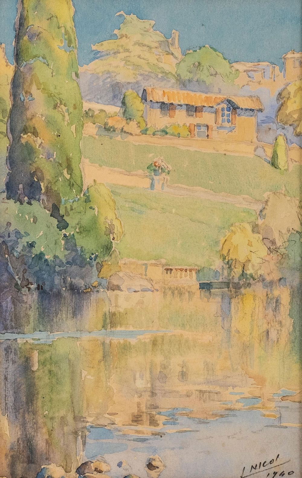 Lot 488: J. Nicol Signed Riverside Landscape Watercolor Painting, 1940