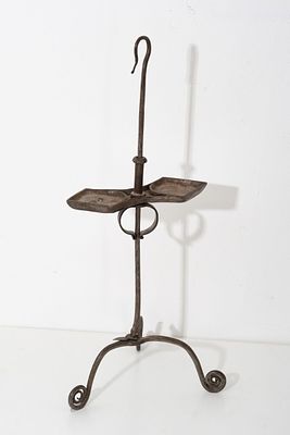 Early Hand Forged Wrought Iron Double CANDLE Lamp on Tripod Base, 18th–19th C. Keywords: No 