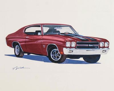 Robert Seabeck, American, Signed Gouache on Paper Painting, 1970 Chevelle SS 454. Keywords: No 