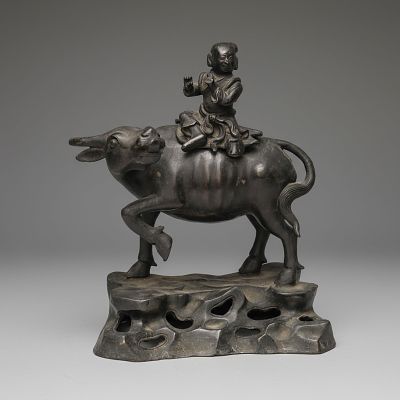 China, Bronze Sculpture, Incense Burner, of Boy Riding Water Buffalo on Rock Base, 20th Century. 
