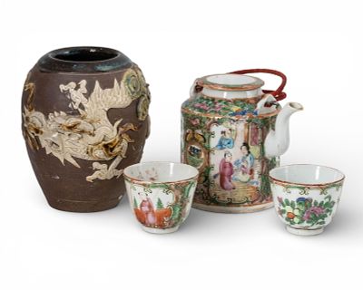 Chinese Ceramic Tea Wares and Relief Decorated Jar, 20th Century. Keywords: Chinese ceramics 