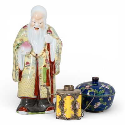 Chinese Ceramic Immortal Figure With Cloisonn&eacute; and Enamel Decorative Vessels, 20th Century. Keywo 