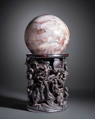 Massive Quartz Scholars Contemplation Sphere on Chinese Circa 19th Carved Ebony Base. Keywords: 