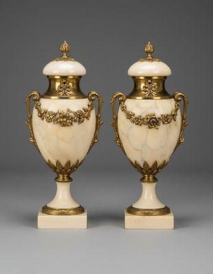 Pair of French Neoclassical Onyx and Gilt Bronze Cassolette Urns, 19th Century. Keywords: No 