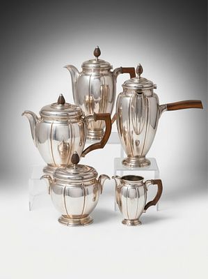 Boulenger French 5 pc. Silver Plate Tea Coffee Chocolate Service Art Deco, circa 1935. Keywords: 