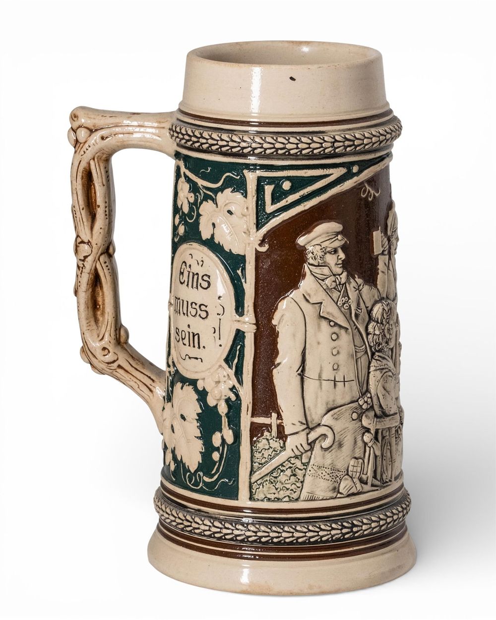 Lot 215: Vintage German Relief-Molded Stoneware Beer Stein, “Eins Muss Sein