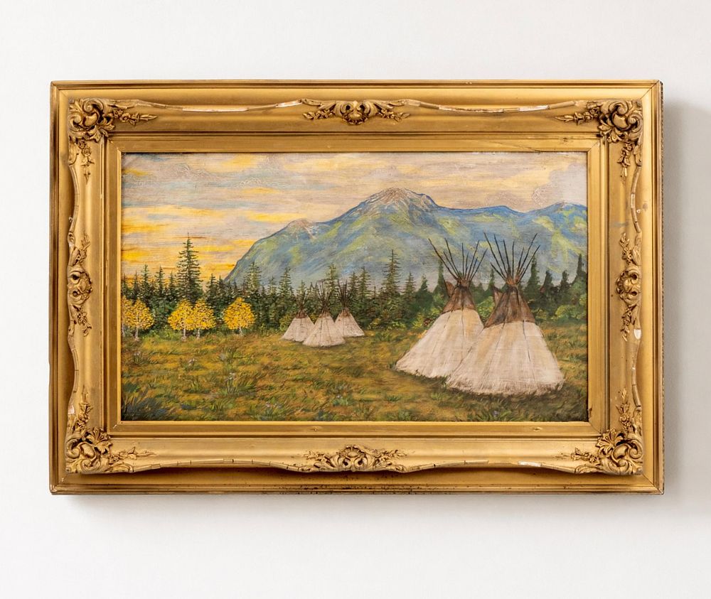 Lot 219: Native Western American Plains Indian Campground Oil Painting on Panel, 19th Century