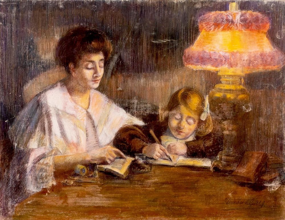Lot 221: Elisabeth Gay Early 20th Century Pastel on Canvas Painting "The Lesson", Signed