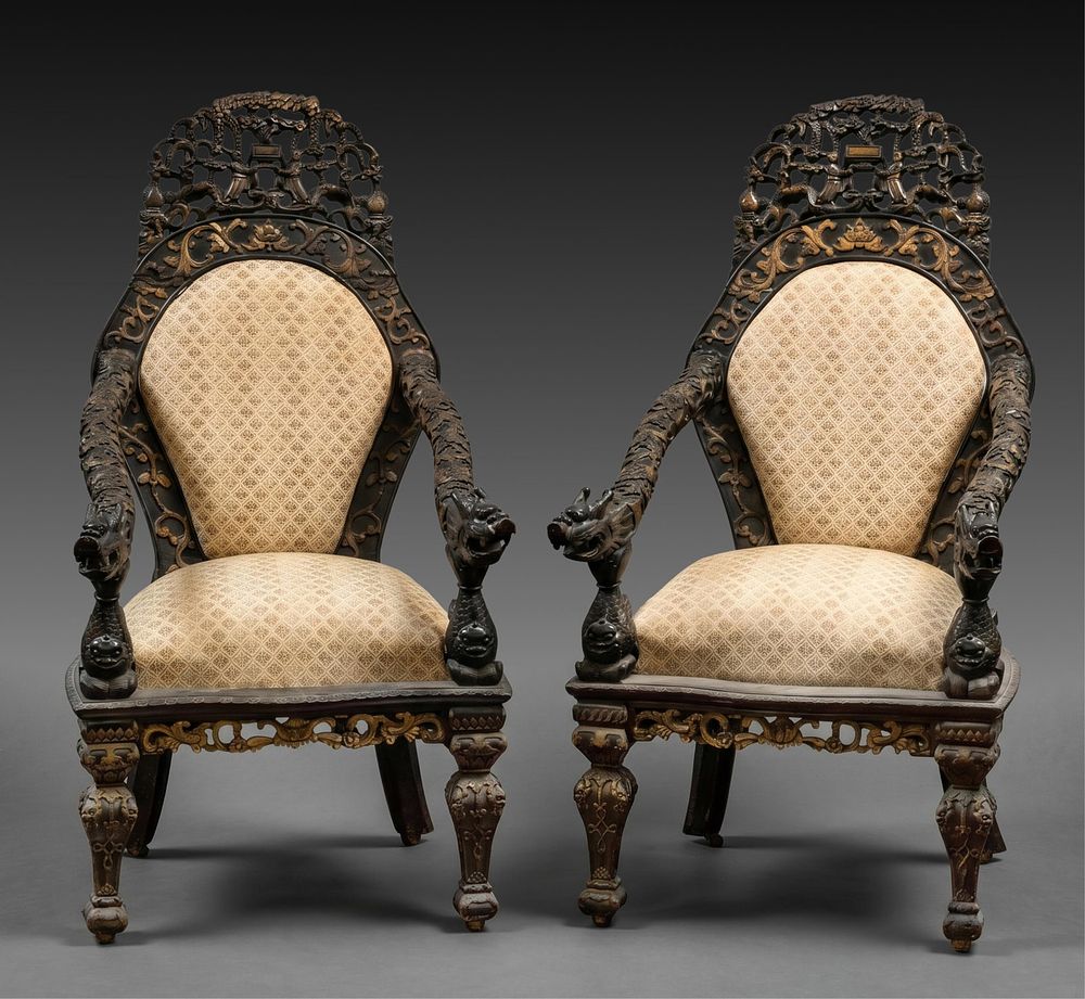 Lot 284: Pair of Heavily Carved Ceremonial Throne Armchairs, Antique and signed