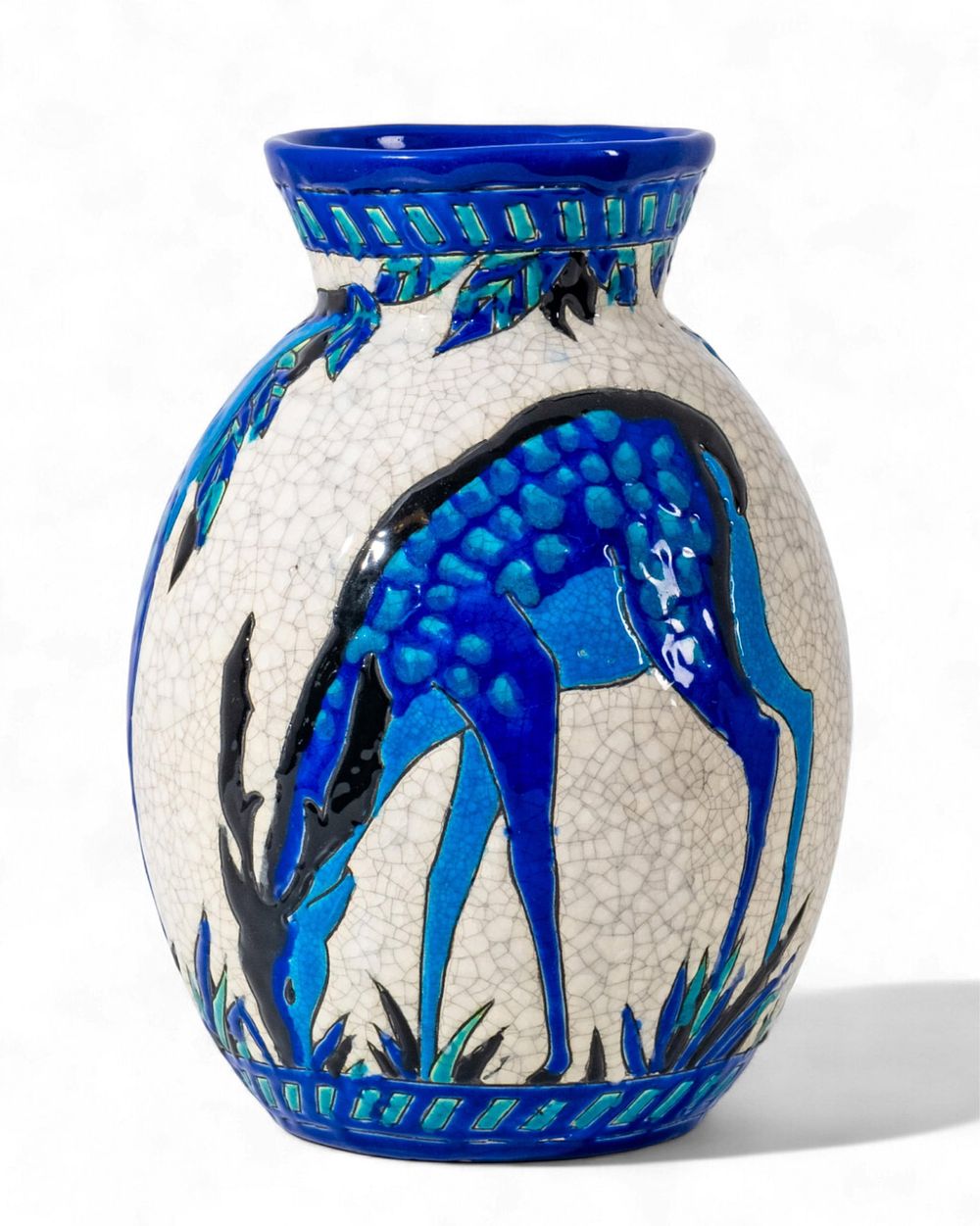 Lot 306: Charles Catteau For Boch Keramis Art Deco Cobalt Blue Deer Vase, Circa 1930