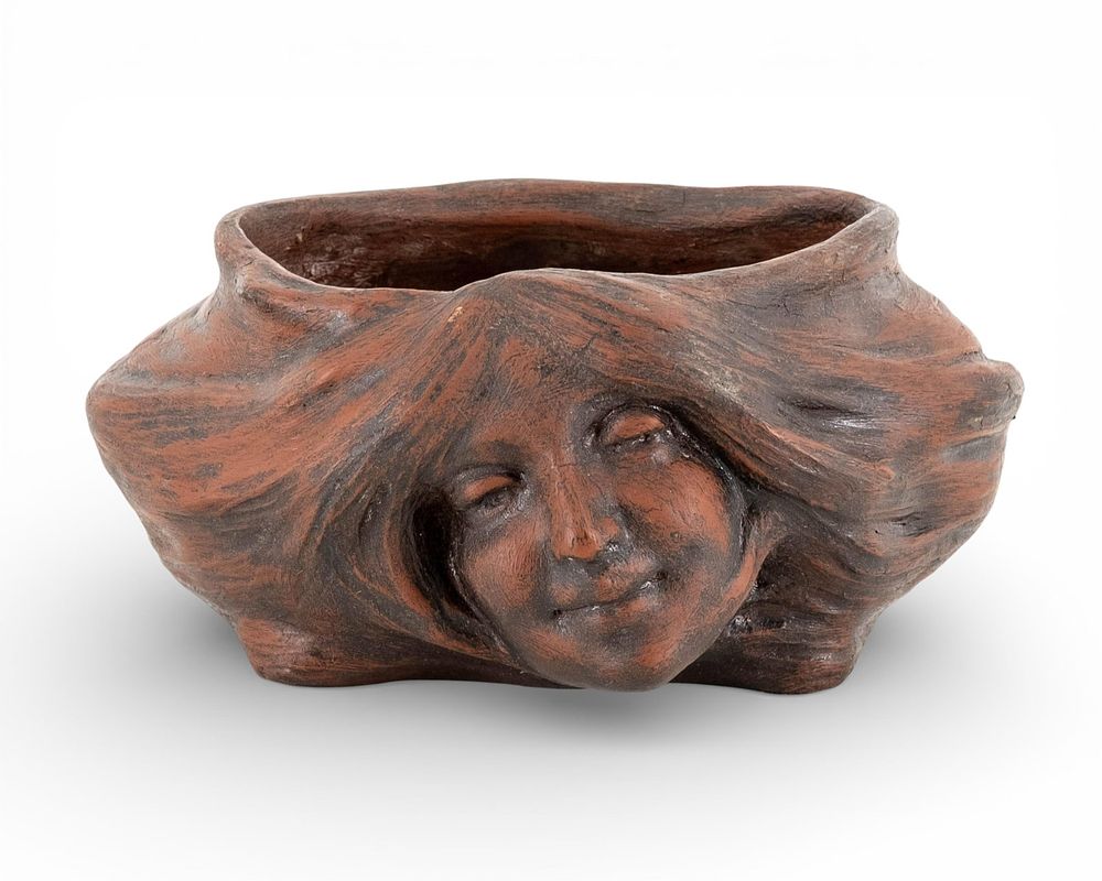 Lot 340: Art Nouveau Terracotta Figural Vessel With Female Face, Signed